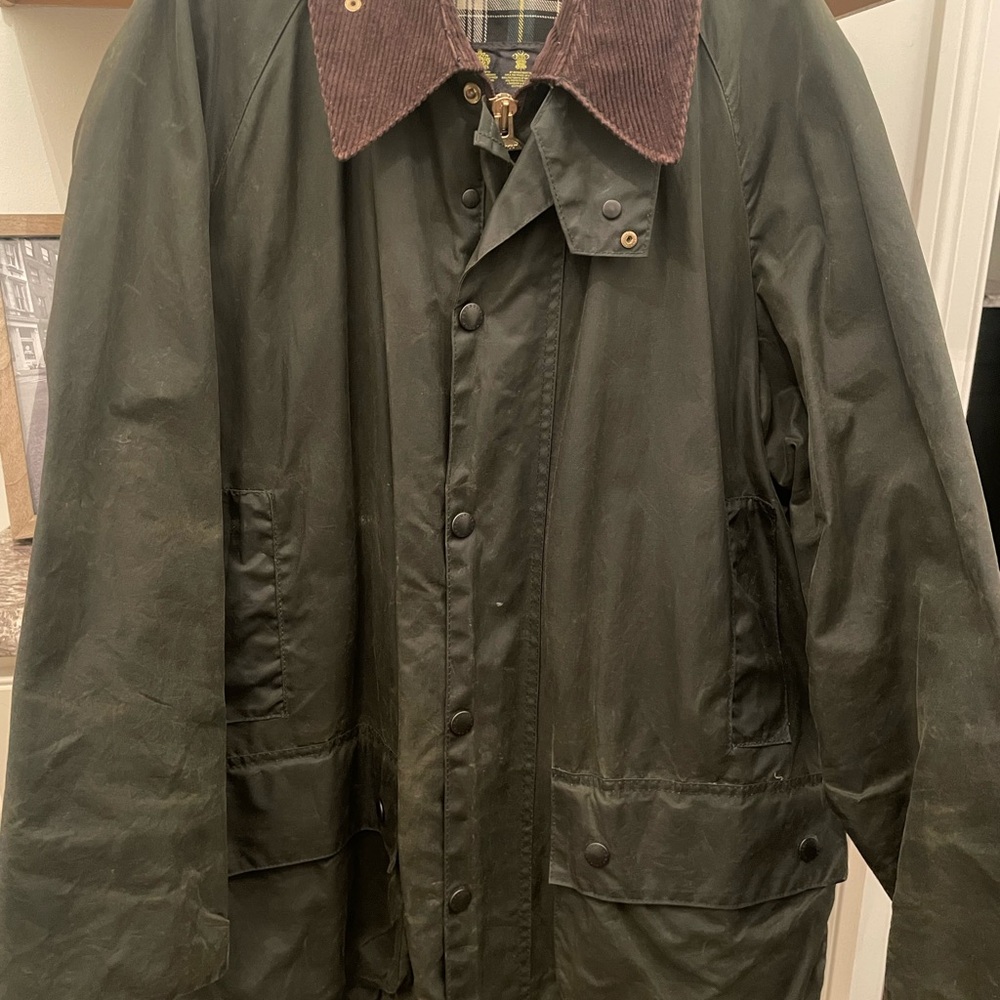 Men's Green Waxed Jacket with Brown Corduroy Collar